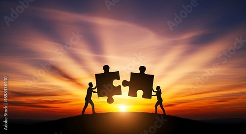 Teamwork and success concept with two people assembling puzzle pieces against sunset sky