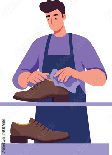 Shoe Cleaner Polishing Brown Leather Shoes with Rag in Apron at Workshop Vector Illustration
