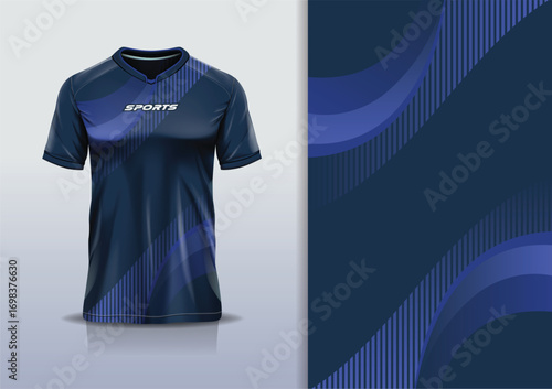 Sport jersey design template mockup curve line for football soccer, racing, running, e sports, navy blue color
