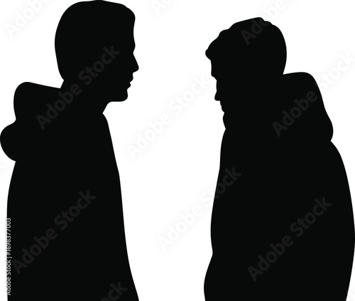 Silhouette of two men standing face to face, talking, confrontation or discussion, casual hoodie clothing, dramatic scene, vector illustration