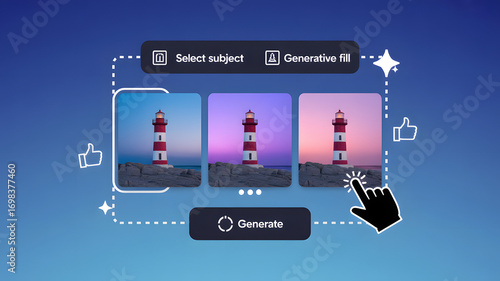 Lighthouse images in a generative fill interface with a hand clicking on the rightmost image