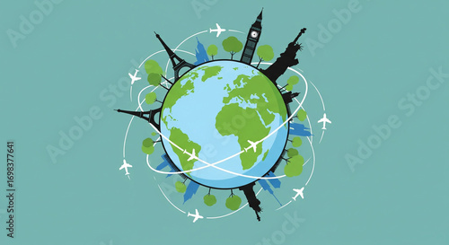 Explore the globe with iconic landmarks and soaring airplanes, symbolizing global travel and international adventure for your next project.