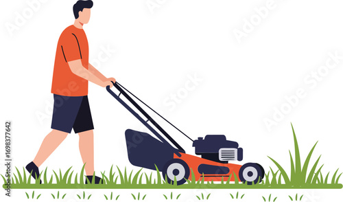 Man mowing grass with lawnmower in casual clothes outdoor gardening activity vector illustration