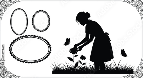 Silhouette of a woman tending to flowers in a garden with decorative frames