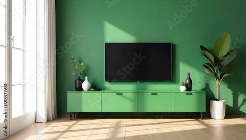 A green living room with a tv on the wall and a plant in a pot next to a window with curtains
