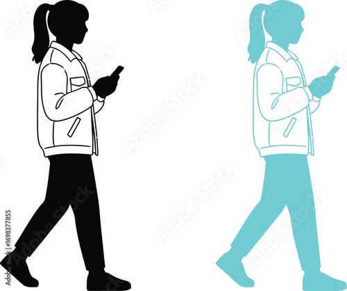 Young person walking and looking at a smartphone, depicted in silhouette and outline