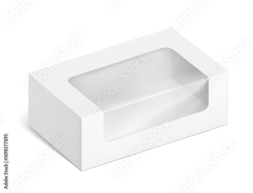 Universal mockup of blank cardboard box with transparent window. Vector illustration isolated on white background, ready and simple to use for your design. EPS10.