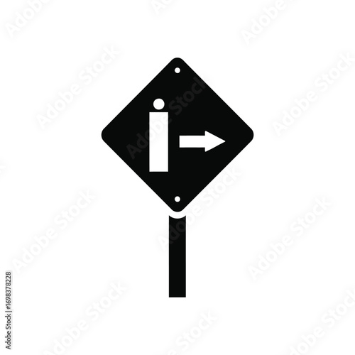 A black and white road sign indicating a side road entering from the left with an arrow pointing right silhouette