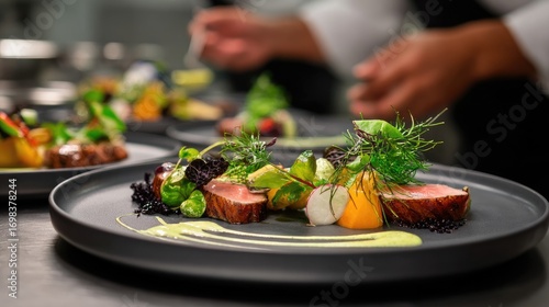 Picture of meat served with vegetables and sauce, beautifully arranged on a black plate. Fine dining restaurant plating.