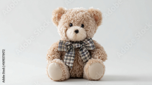 Cute Beige Teddy Bear with Plaid Bow and Big Head on White Background