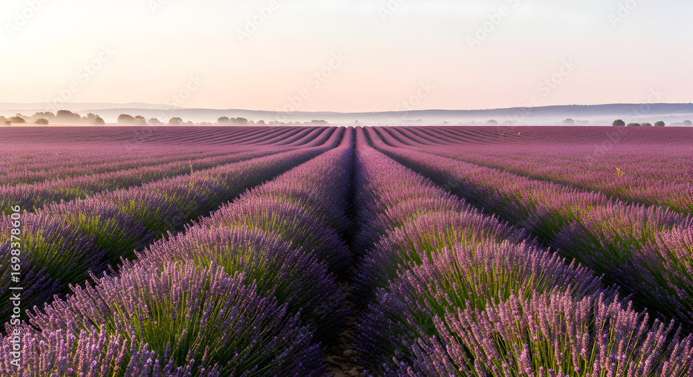 Obraz premium Lavender Fields at Sunset: Expansive Aromatic Lavender Rows, Agricultural Landscape, Rural Serenity, Floral Farming, and Scenic Sunset Colors Over Symmetrical Plantations