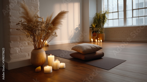 Evening yoga meditation class in a candlelit studio with calming decor, yoga meditation, candlelit yoga, evening meditation practice, serene wellness space.