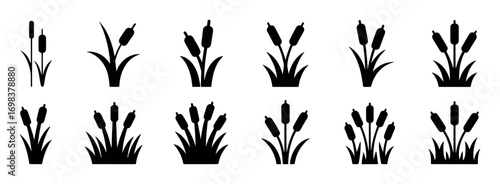 Collection of Black and White Cattail Plant Icons