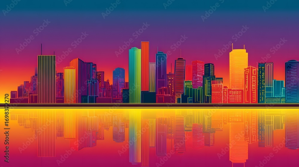 Obraz premium Colorful Urban Skyline at Sunset with Vibrant Reflections on Water Surface