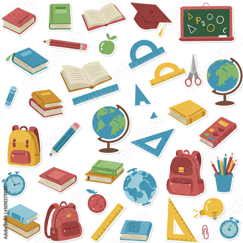 Colorful School Supplies Stickers – Flat Design Icons of Books, Pencils, Backpacks, and Globes