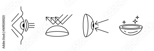 Contact lens, eye protection, light reflection, clear vision, optical surface, clean lens care icon vector illustration.