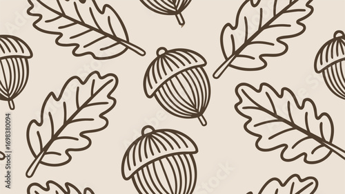 Vintage Acorn and Oak Leaf Seamless Pattern, Hand Drawn Autumn Forest Illustration