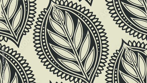 Seamless pattern of intricate paisley leaves in a decorative Indian block print style