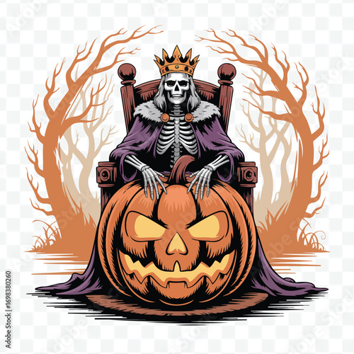 Spooky King Skeleton on Pumpkin Throne