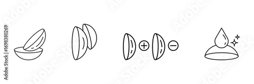 Contact lens, corrective power types, hydration care, double lens, solution drop, clean optical tool icon vector illustration.