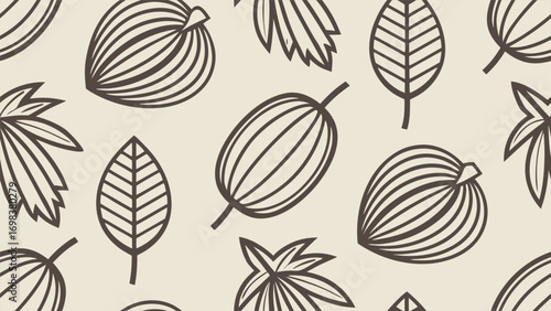 Seamless pattern with hand-drawn botanical leaves and seed pods in a minimalist organic line art style