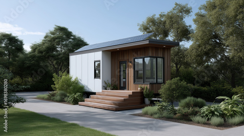 Sustainable tiny home with solar panels and rainwater collection system, sustainability, tiny home eco-design, sustainable small living, green minimalist housing.