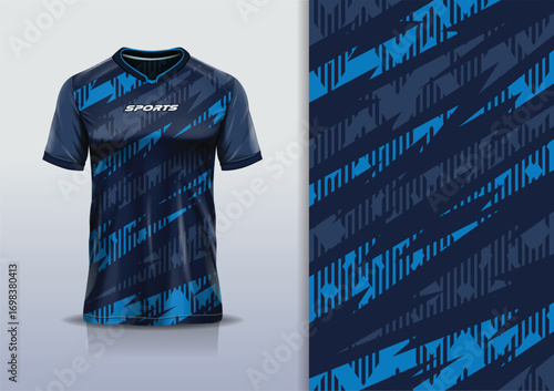 T-shirt mockup with abstract stripe line sport jersey design for football, soccer, racing, esports, running, in blue gray black color