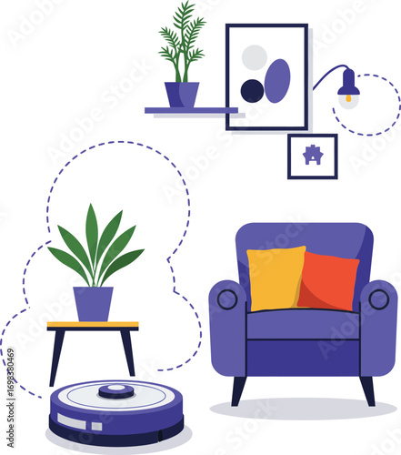 Indoor modern living room setup with robotic vacuum cleaner, cozy armchair, decorative plants, and framed wall art in minimalist style