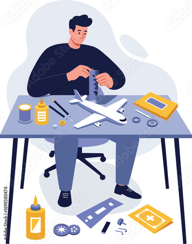 Man assembling model airplane at desk with glue tools and parts hobby craft vector illustration