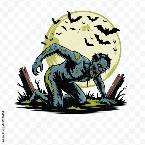Crawling zombie rising from grave at night