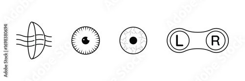 Vision lens, iris anatomy, contact storage, optical focus, eye detail, medical correction icon vector illustration.