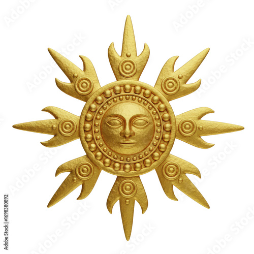 Radiant golden sun emblem with intricate celestial face brings warmth and divine energy to any design