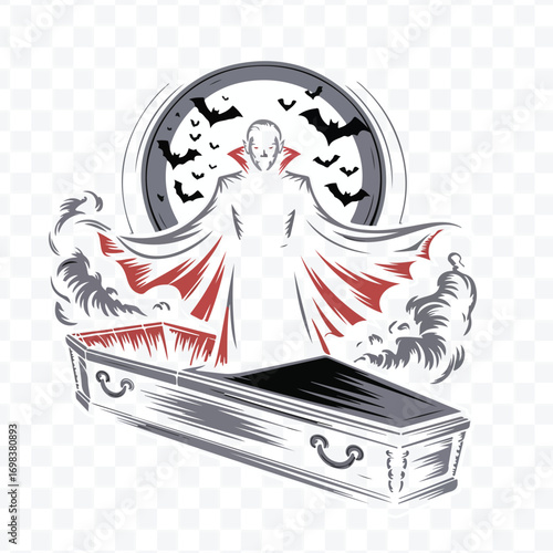 vampire emerging from coffin, bats, red cape clip art preview
