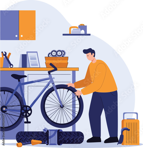 Man repairing bicycle indoors with tools and suitcase in modern home environment vector illustration