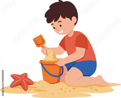 Boy playing with sand bucket and shovel building sandcastle on beach summer fun activity vector illustration