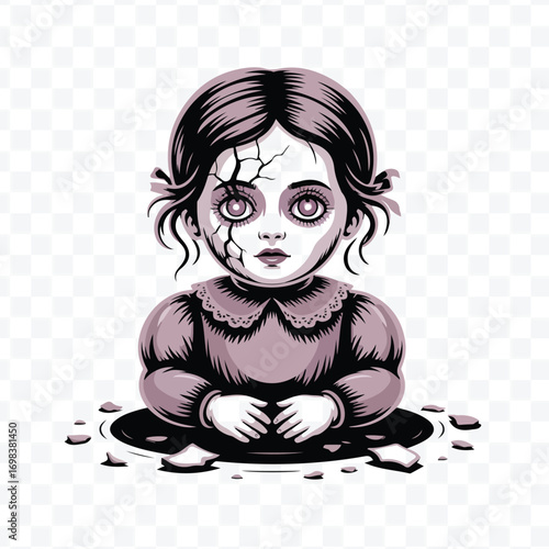 Eerie vintage doll with cracked face illustration