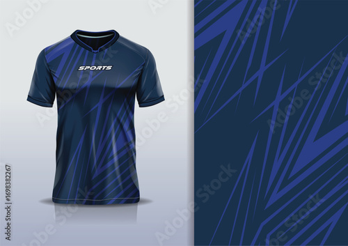 T-shirt mockup with abstract sharp lines sport jersey design for football, soccer, racing, esports, running, in blue navy color