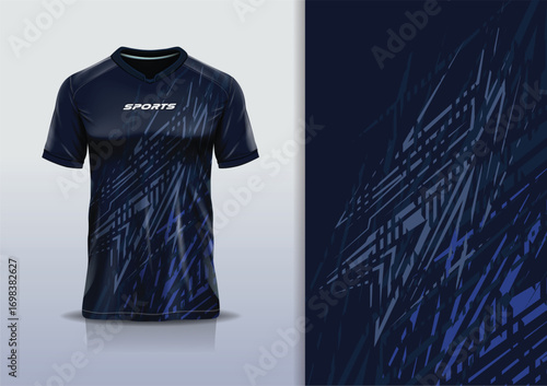T-shirt mockup with abstract stripe line sport jersey design for football, soccer, racing, esports, running, in blue gray black color