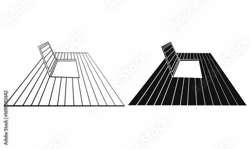 Vector illustration of floor trapdoor or hatch with chair perspective in outline, silhouette,black and white line art, minimal style, ideal for architecture, construction, and design template.