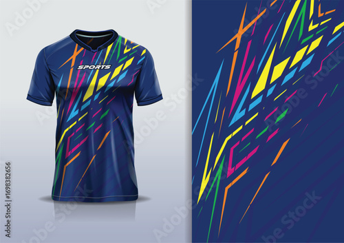 T-shirt mockup with abstract stripe line sport jersey design for football, soccer, racing, esports, running, in blue yellow pink color