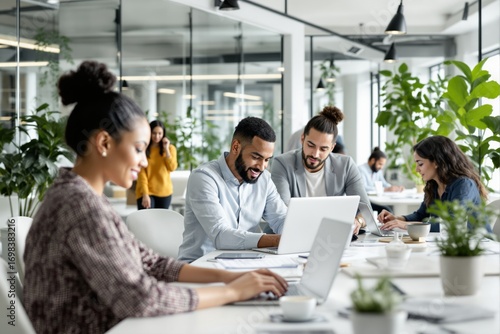 Group of young professionals working together in a bright modern office with plants and natural background, concept of creative teamwork. Ai generative