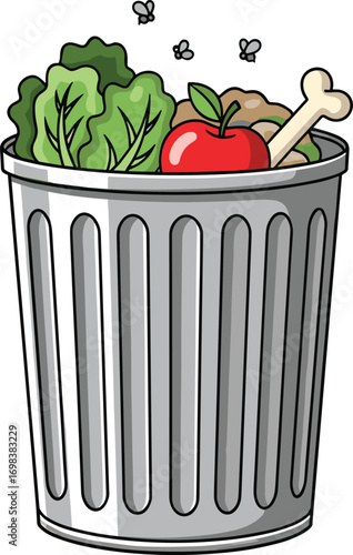 Cartoon metal trash can with spoiled food, flies, and waste items, flat vector illustration for compost, sanitation, and food waste themes