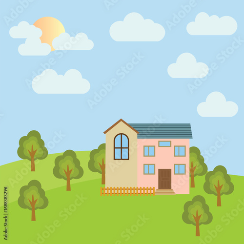 Vector illustration of a house in a sunny countryside landscape. Surrounded by trees, grass, and clouds, this design represents home, nature, real estate, and peaceful living environment.