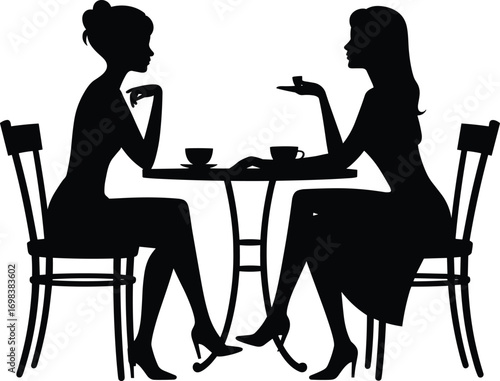 Two women sitting at a cafe table, drinking coffee, talking, elegant silhouettes, high heels, casual conversation, friendship, leisure, relaxing moment