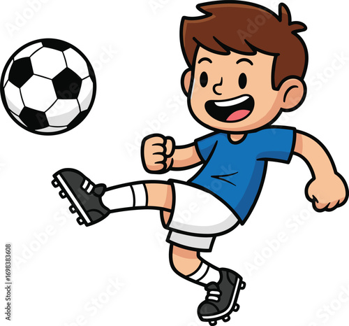 Cartoon soccer player kicking ball in action pose, energetic sports vector illustration for youth activity, exercise, and athletic lifestyle themes