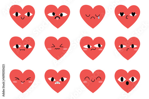 Set of hand drawn doodle hearts with different emotions. Design elements for greeting card, print, invitation. stickers, poster.