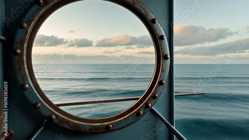 Round Porthole Window View of Ocean and Horizon with Blue Sky and Calm Water