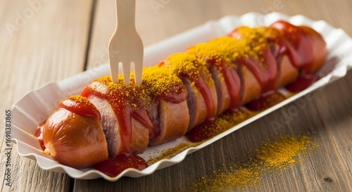 Savor the delicious aroma and vibrant taste of classic currywurst, perfectly seasoned with rich ketchup and fragrant curry powder, a true German street food delight.