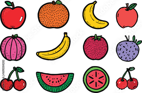 Collection of colorful hand-drawn fruits on a white background