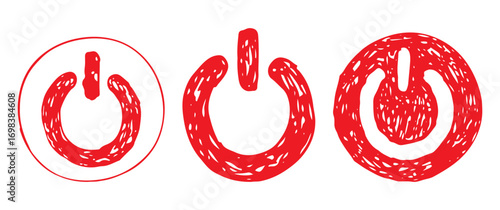 Power button icons in a vibrant red color, different hand-drawn doodle set.